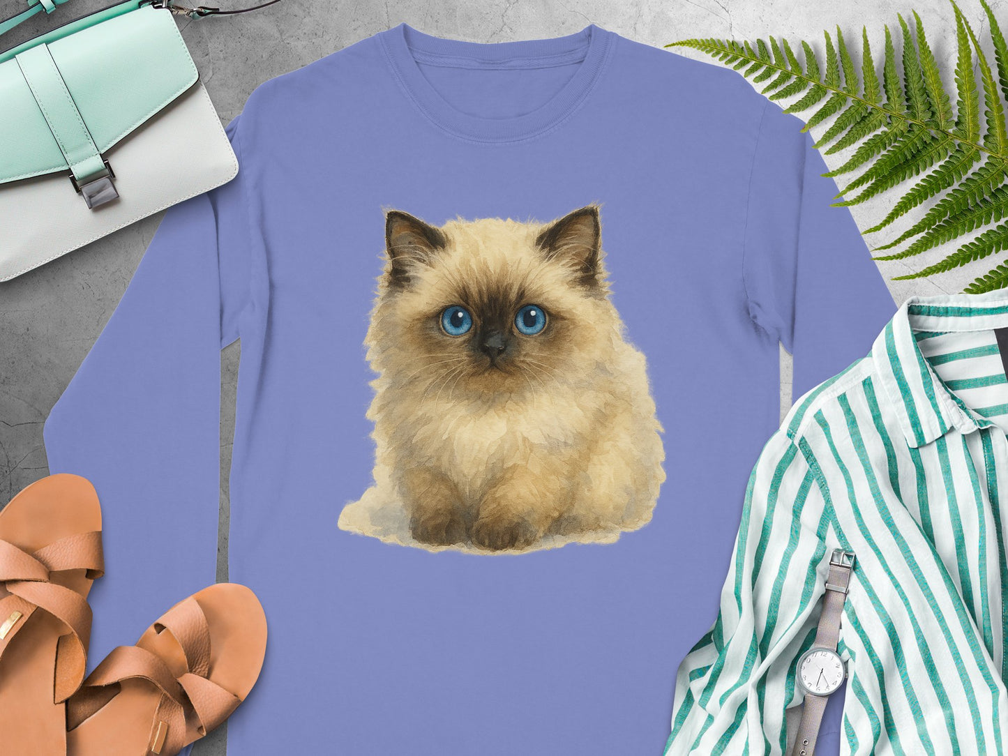 Cute Fluffy Cat Design on Light Blue Shirt product