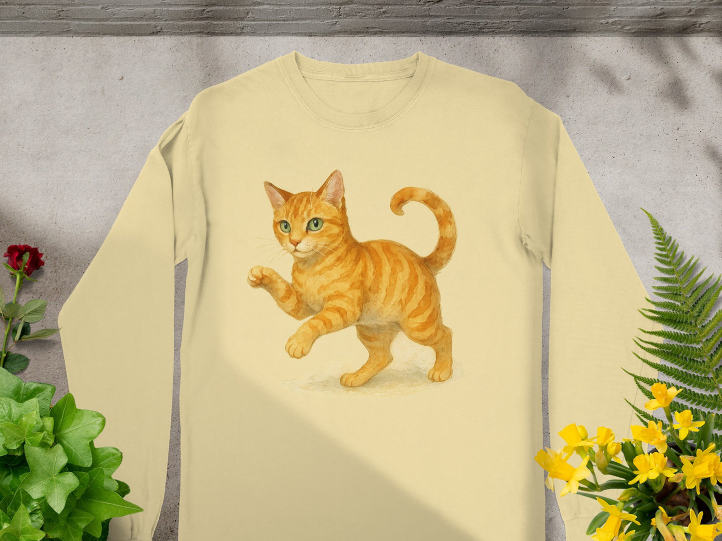 Playful Orange Cat Print Long Sleeve Shirt product