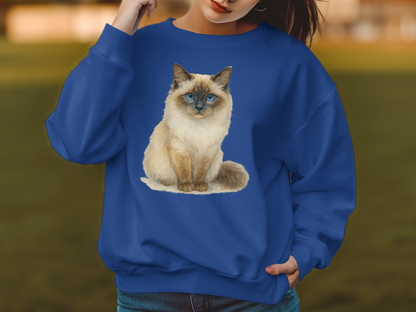 Blue Sweatshirt with Large Cat Print Graphic product type