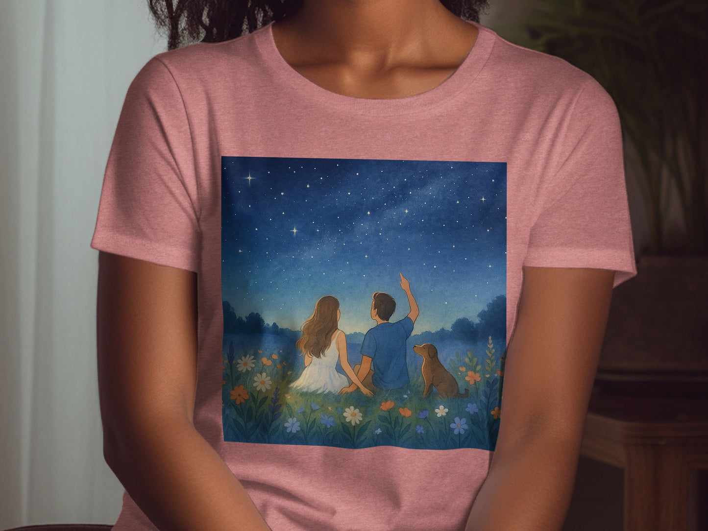 Romantic Star Gazing Couple with Dog T-Shirt Product