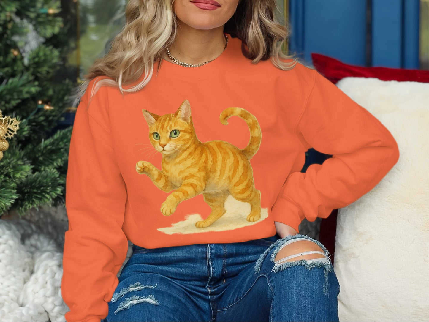 Cozy Bright Orange Sweatshirt with Playful Cat product