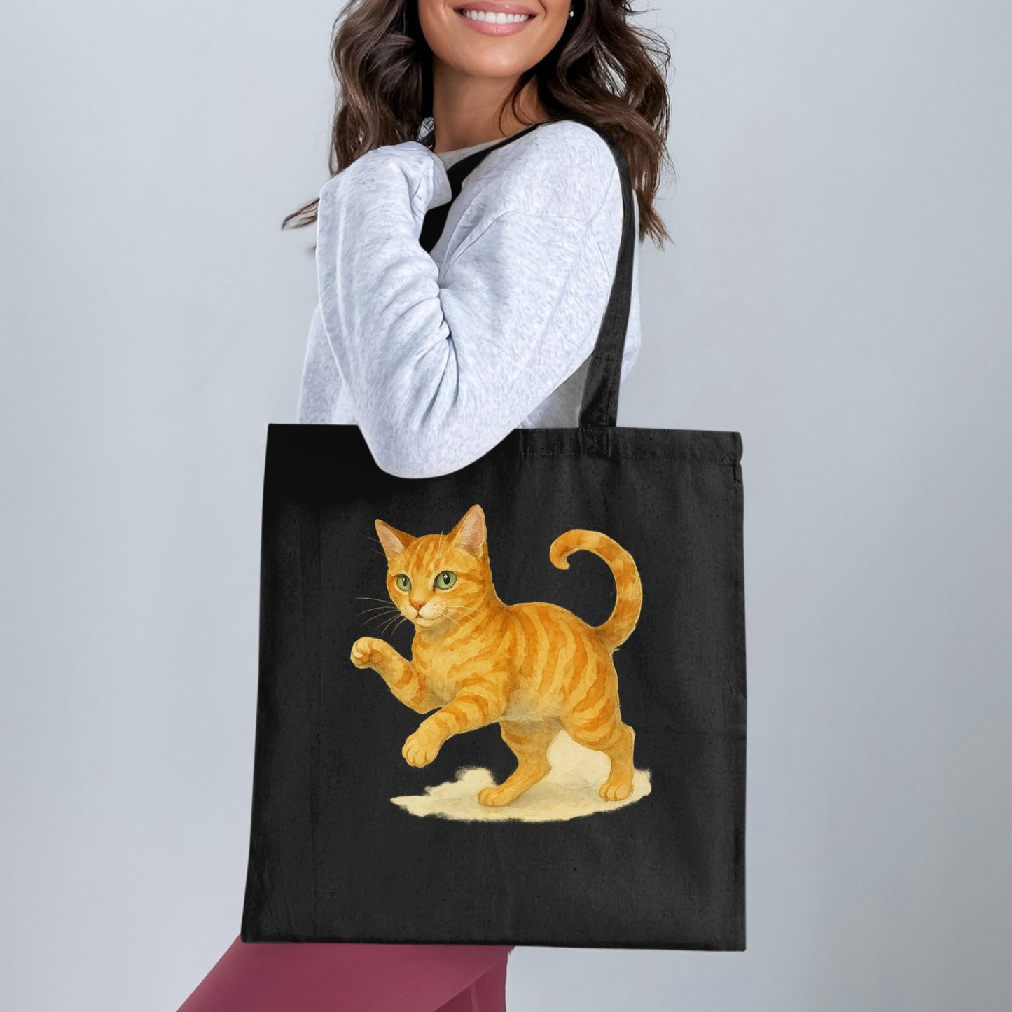Stylish Black Tote Bag with Cute Cat Illustration product