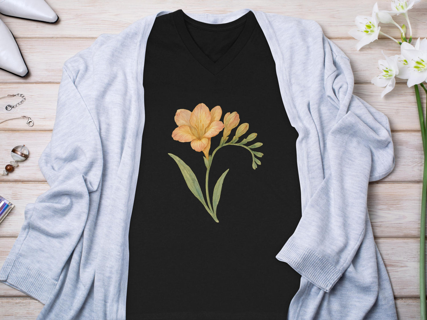 Floral Illustration Print on Black V-Neck Shirt product