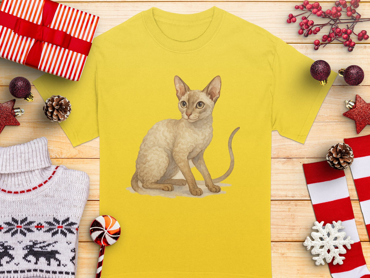 Adorable Cat Illustration on Yellow Tee Shirt product