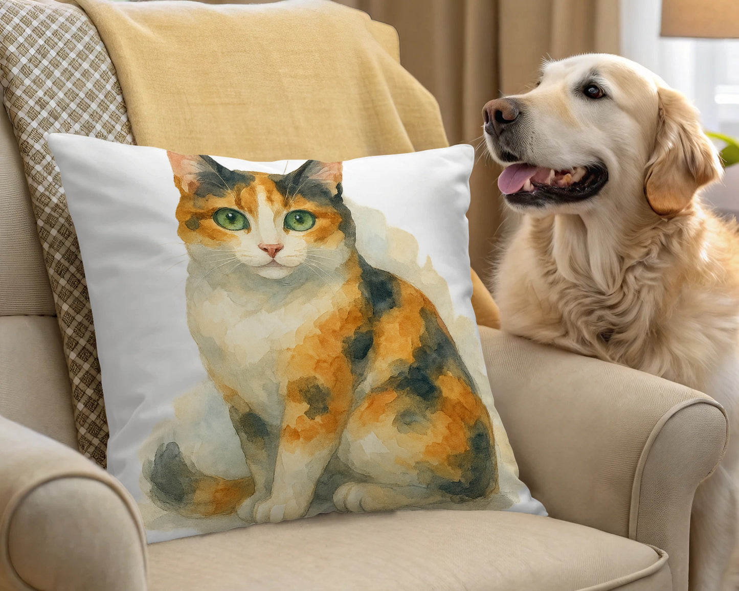 Whimsical Calico Cat Art Pillow Decorative Cushion product