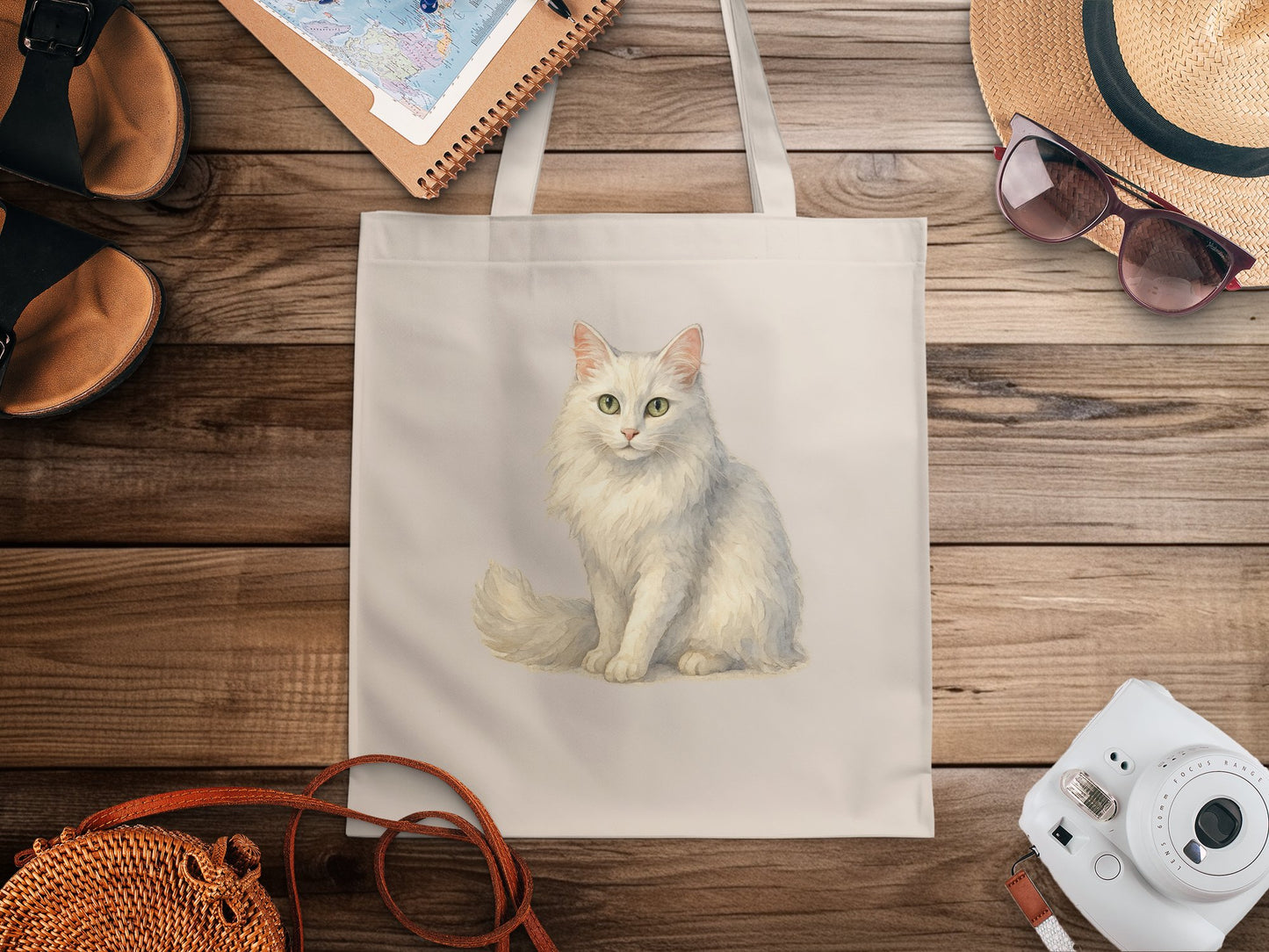 Cute Fluffy White Cat Illustration on Shopping Bag product type