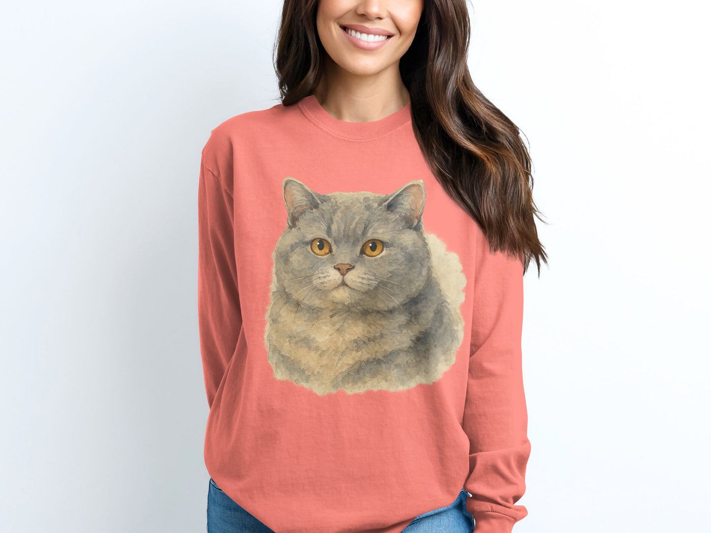 Cute Fluffy Gray Cat Printed Long Sleeve Shirt product type