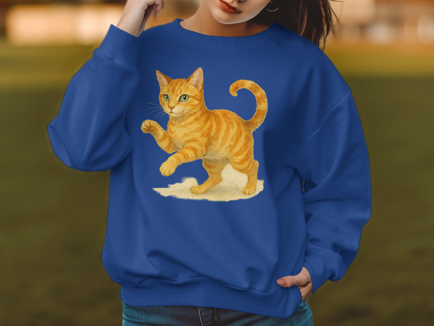Blue Sweatshirt with Cute Orange Cat Print product type