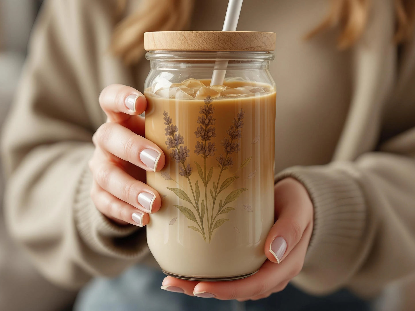 Beautiful Lavender Design Glass Jar with Straw product
