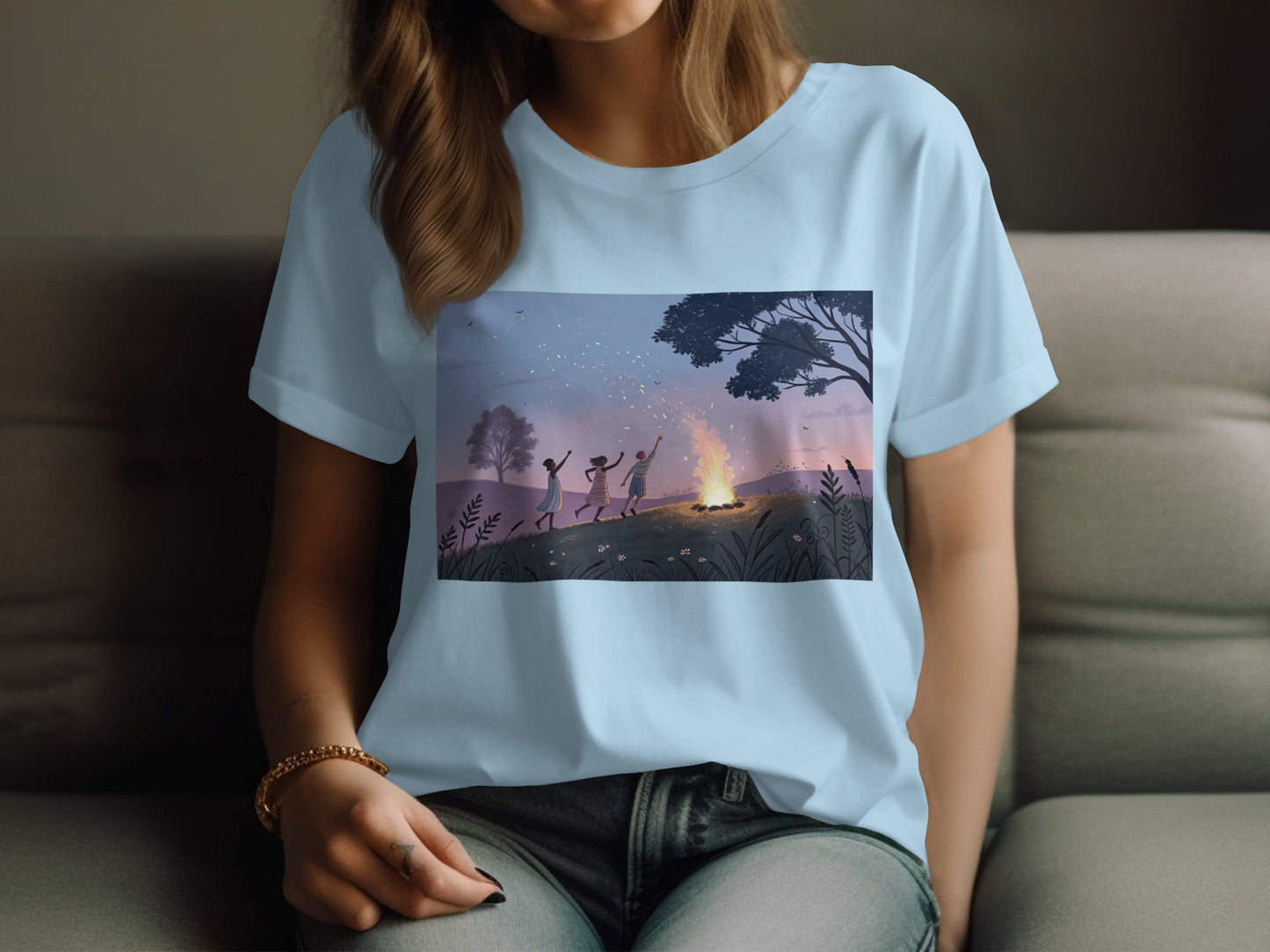Dancing by the Campfire Scene on Light Blue Shirt product type