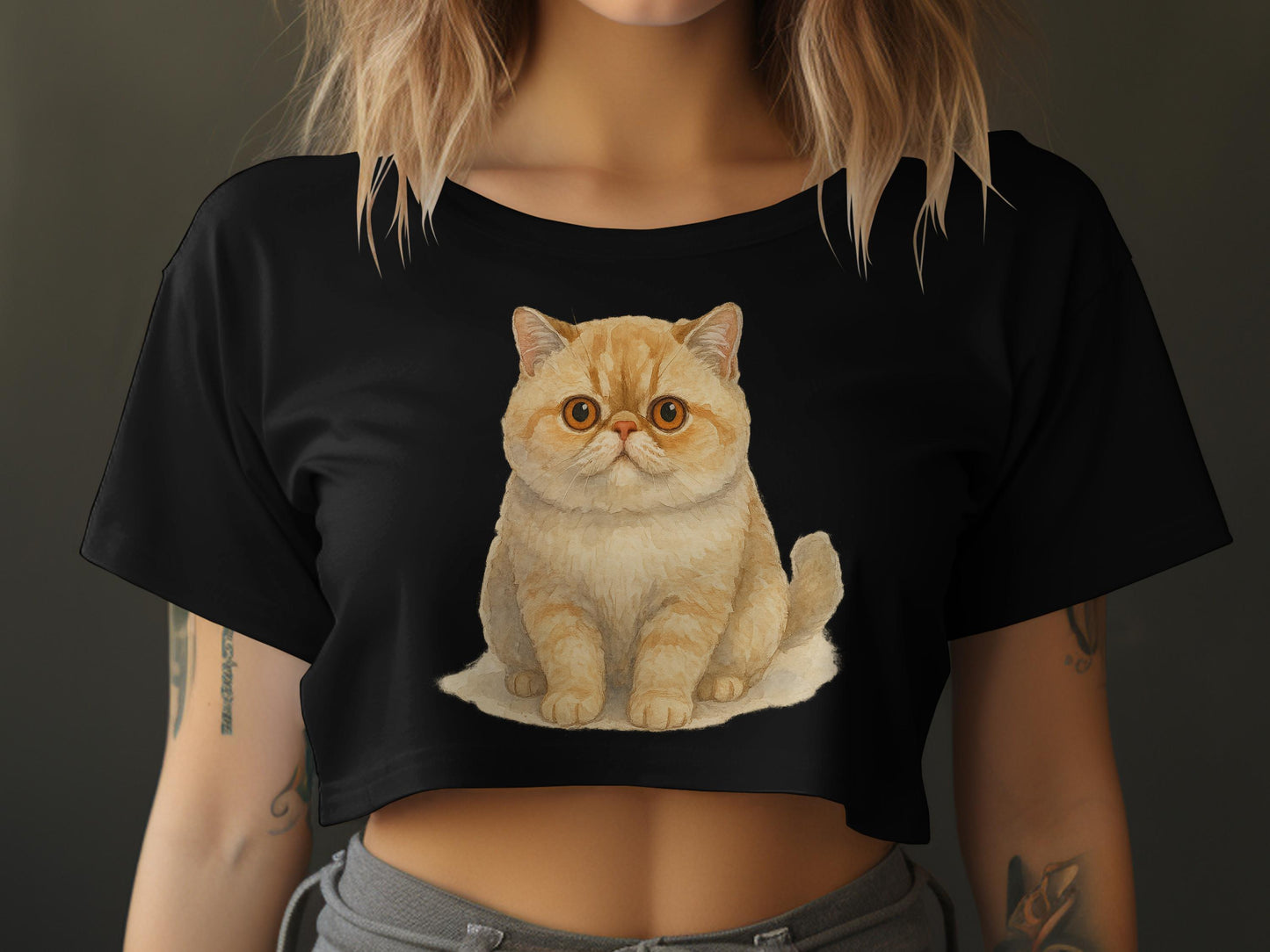 Adorable Orange Cat Print on Black Cropped Shirt product