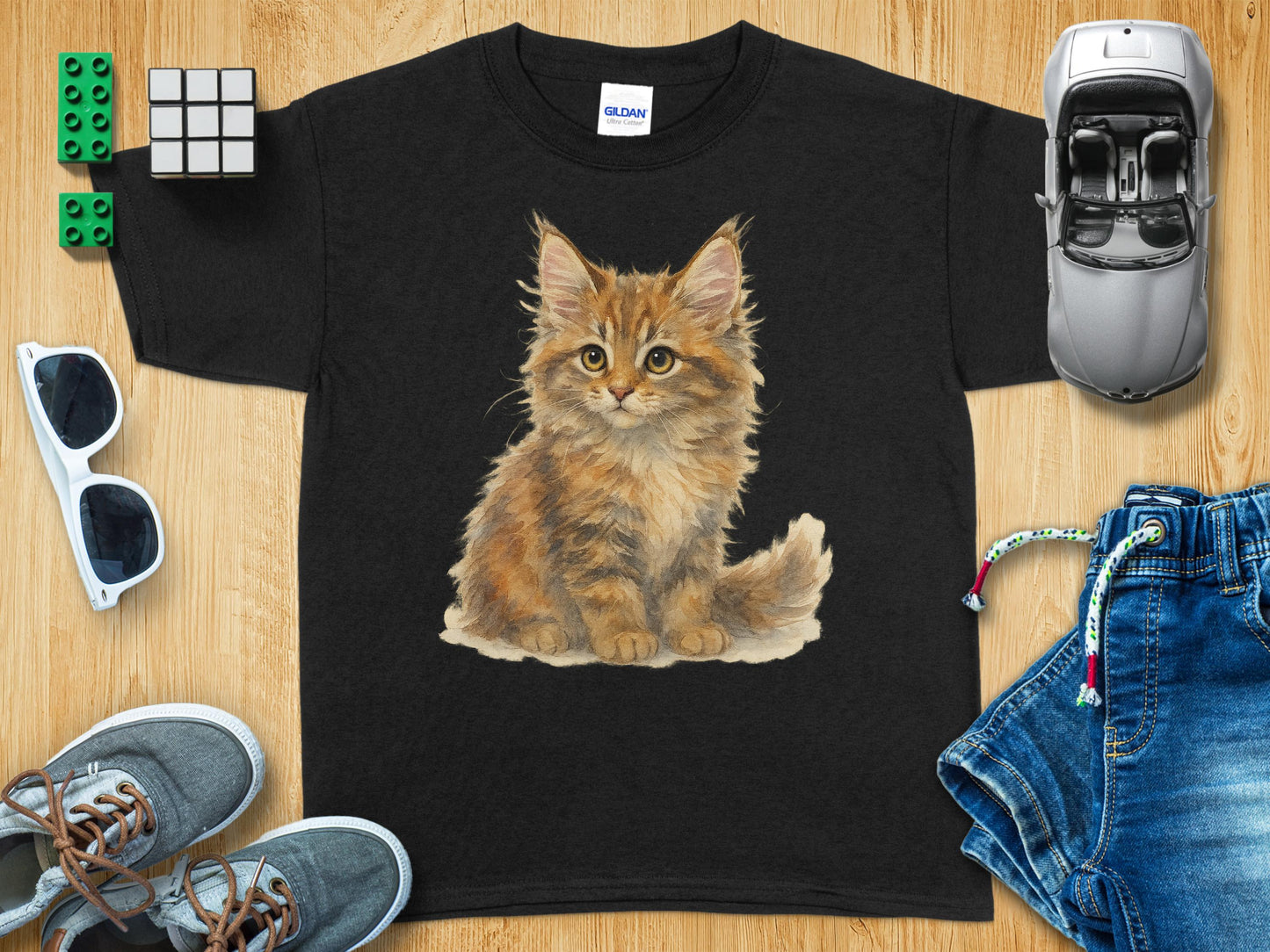 Cute Fluffy Kitten Design on Kids Black Shirt product