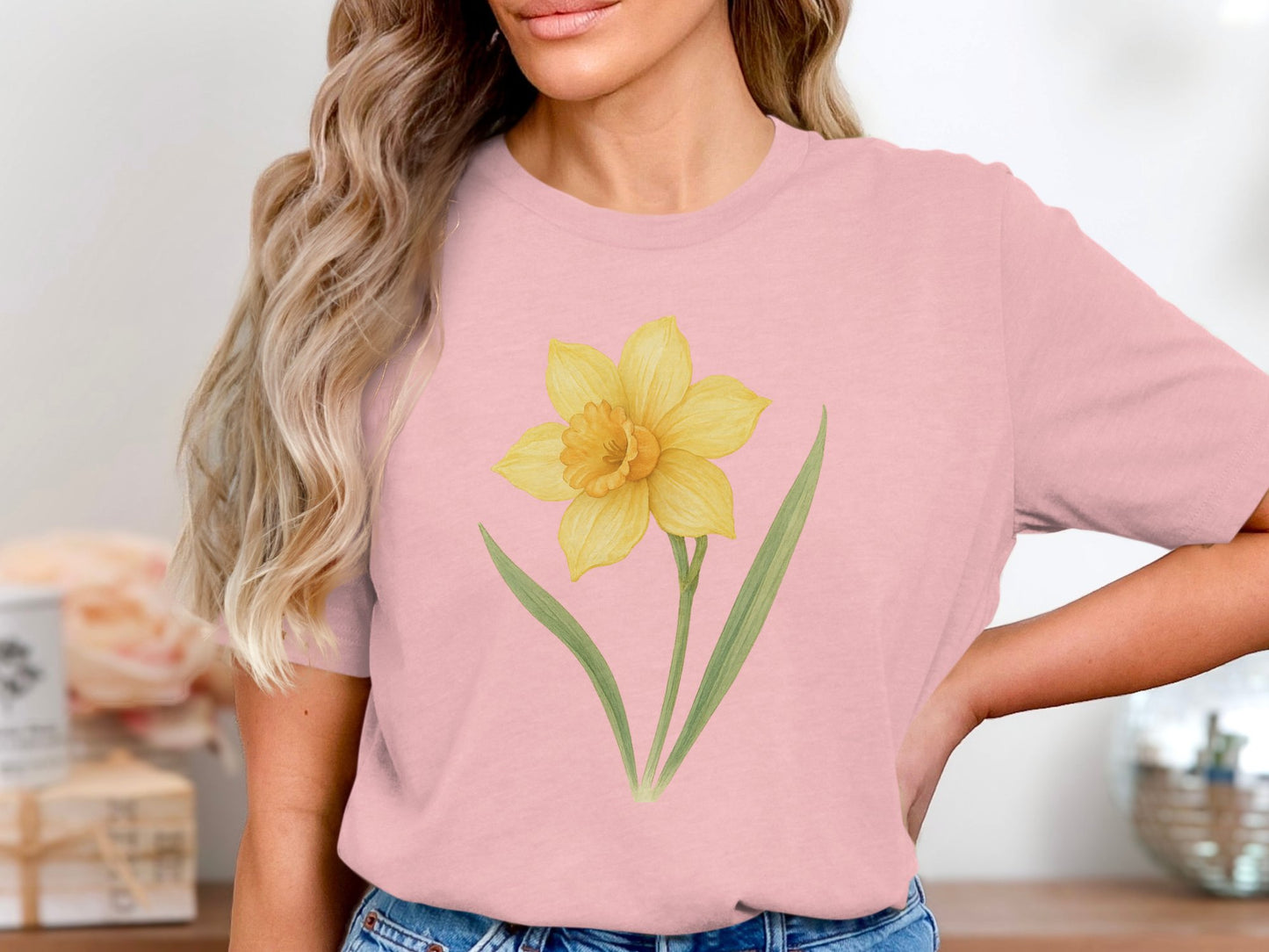 Yellow Daffodil Graphic on Pink Shirt Casual Wear product type