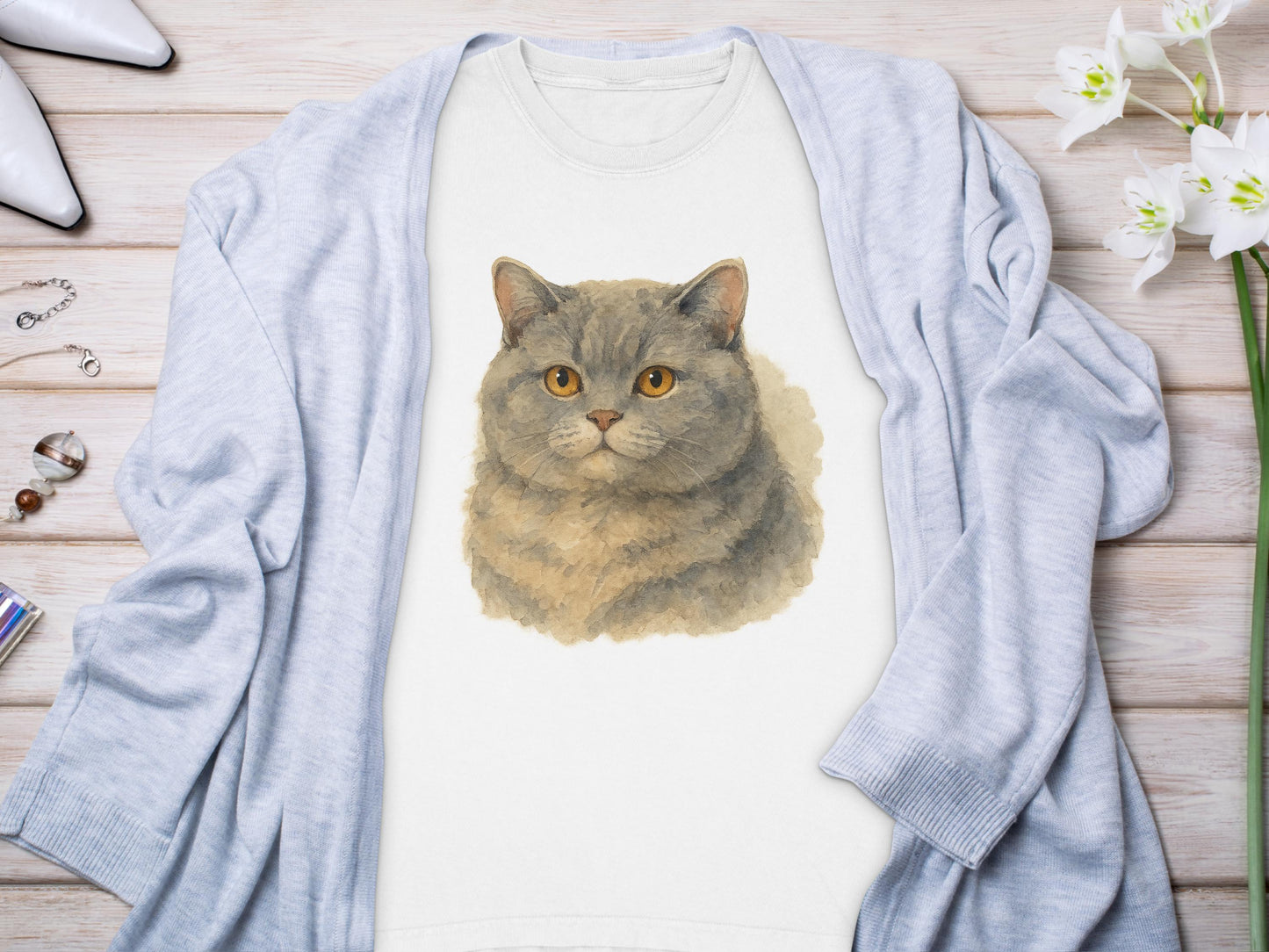 Cute and Realistic Cat Face Print on White Shirt product type