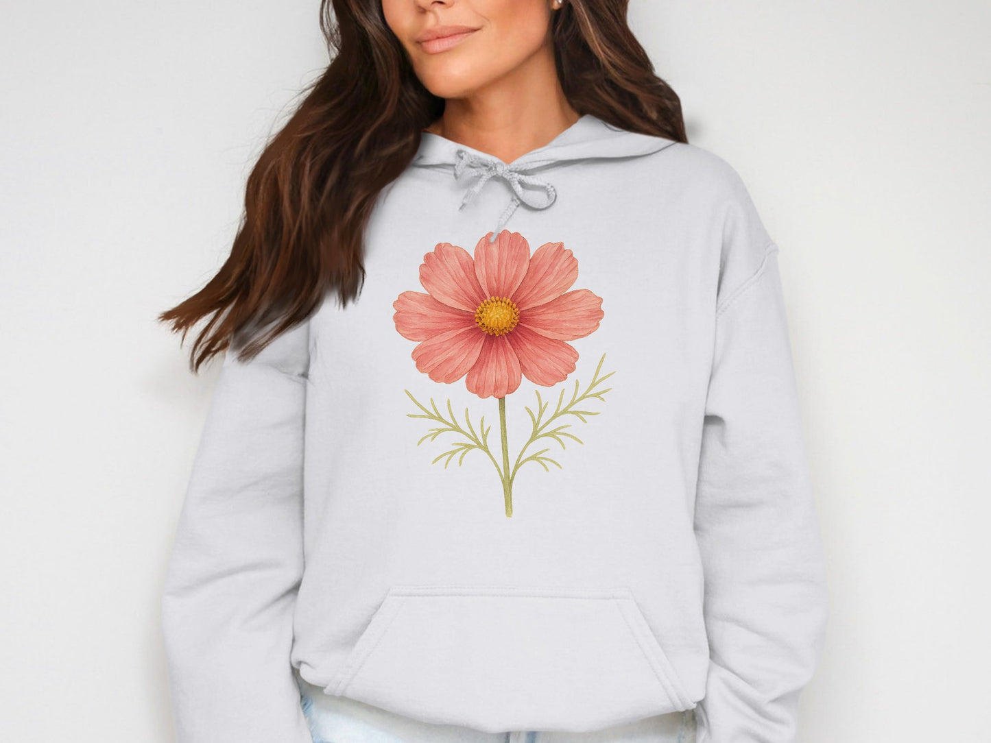 Stylish white hoodie featuring a hand drawn flower product type
