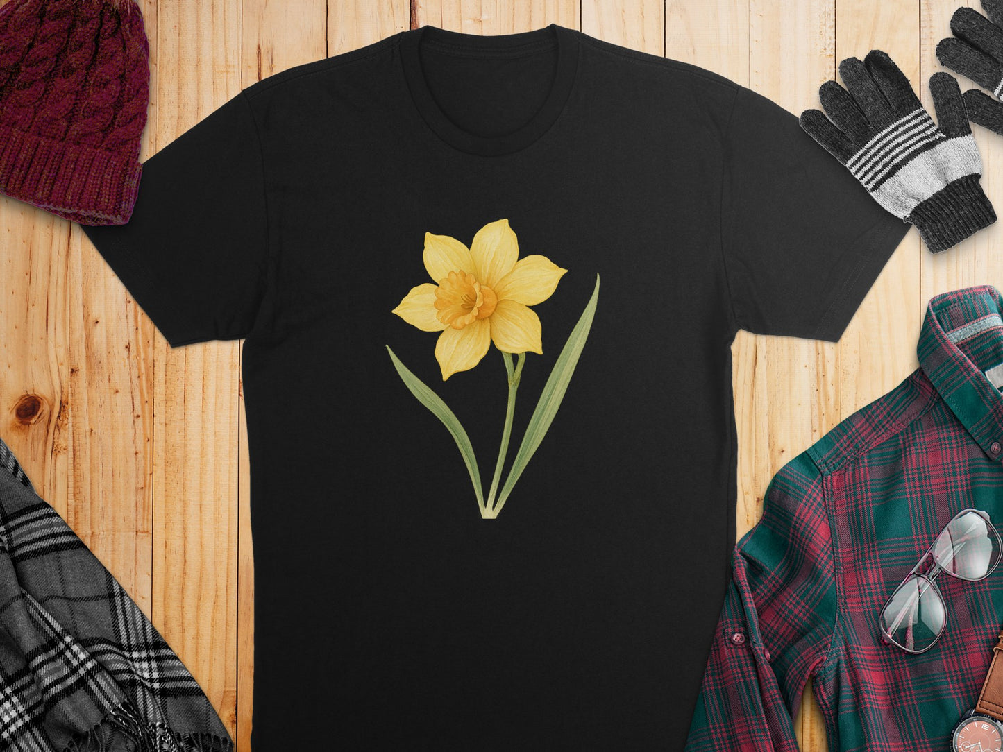Yellow Daffodil Graphic on Black T-shirt product type