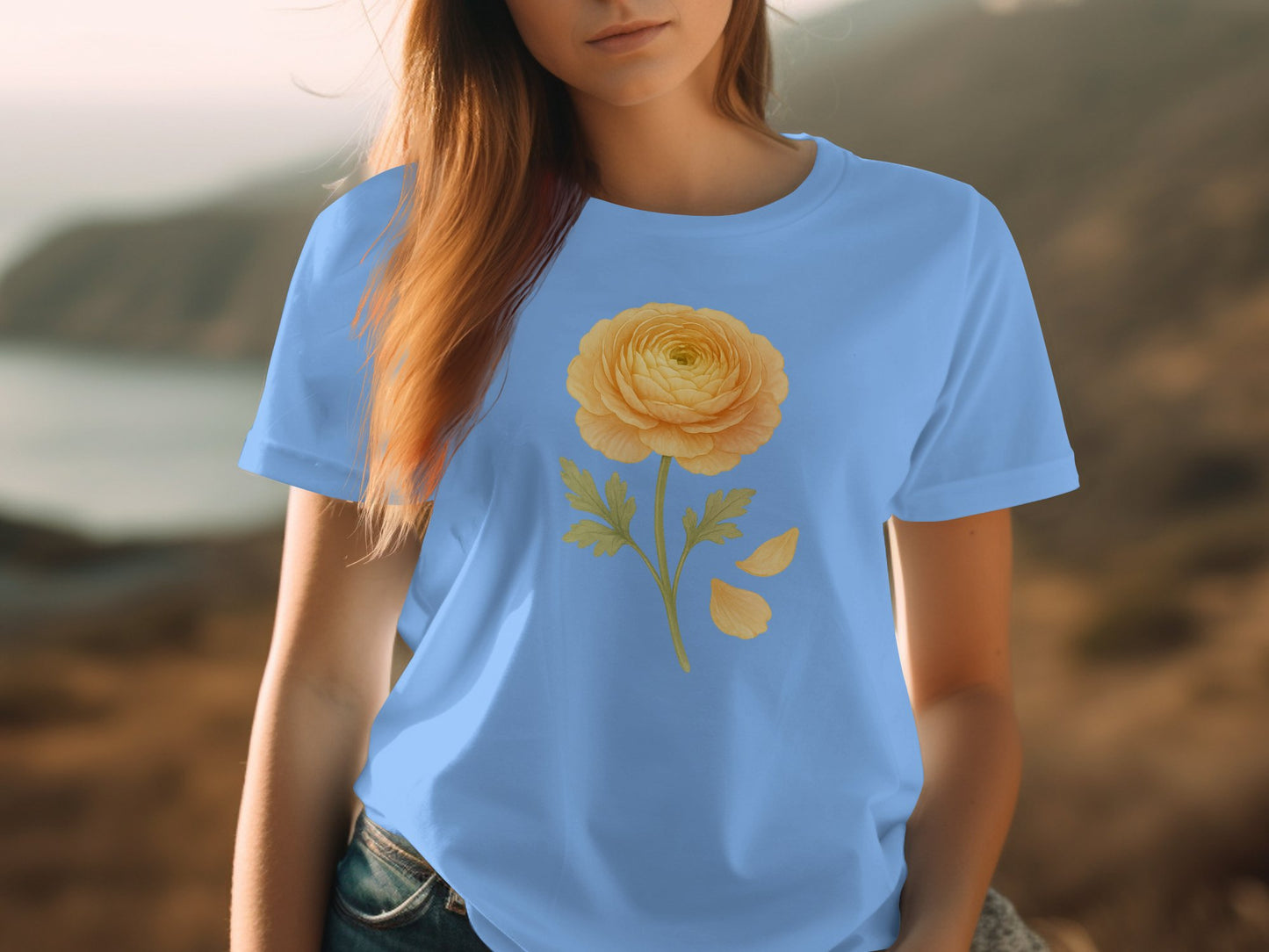 Yellow Rose Print on Blue T-Shirt product