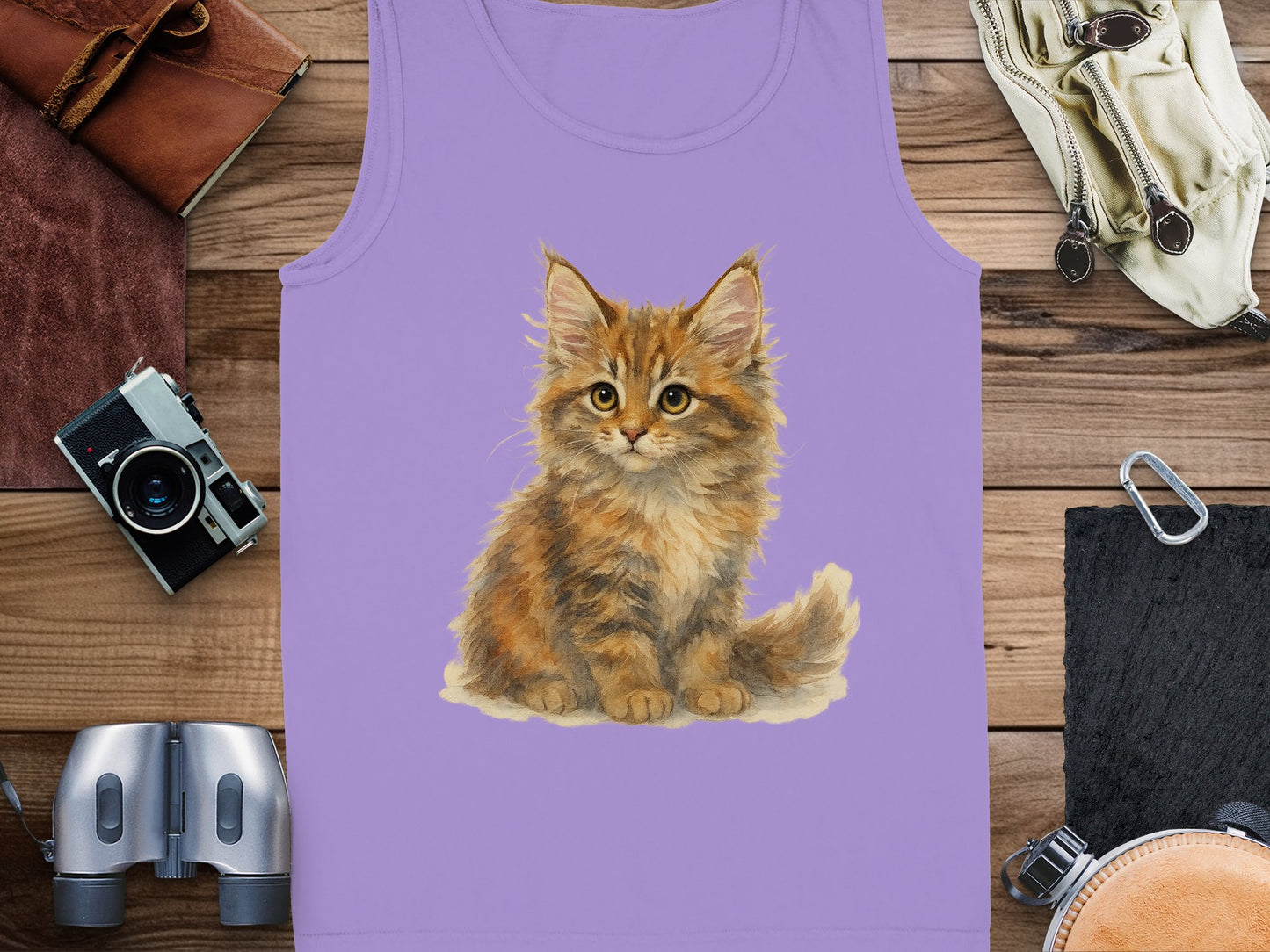 Cute Fluffy Brown Kitten Artwork on Purple Tank Top product type