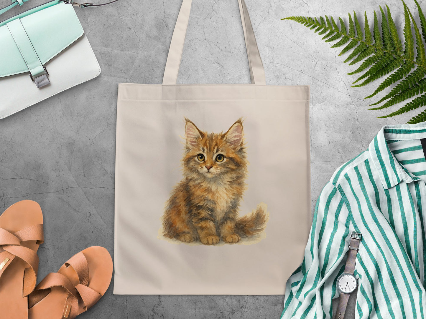 Cute Fluffy Kitten Print Beige Tote Bag Product