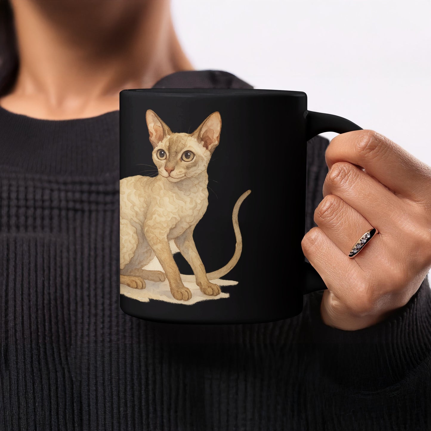 Vintage White Cat Illustration Black Mug product