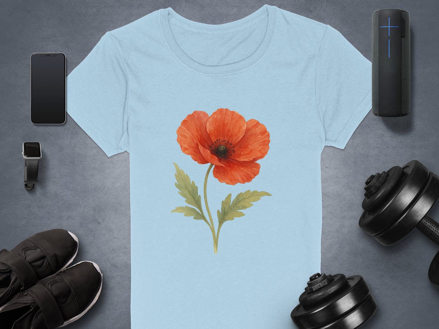 Red Poppy Flower Design on Light Blue T-Shirt product