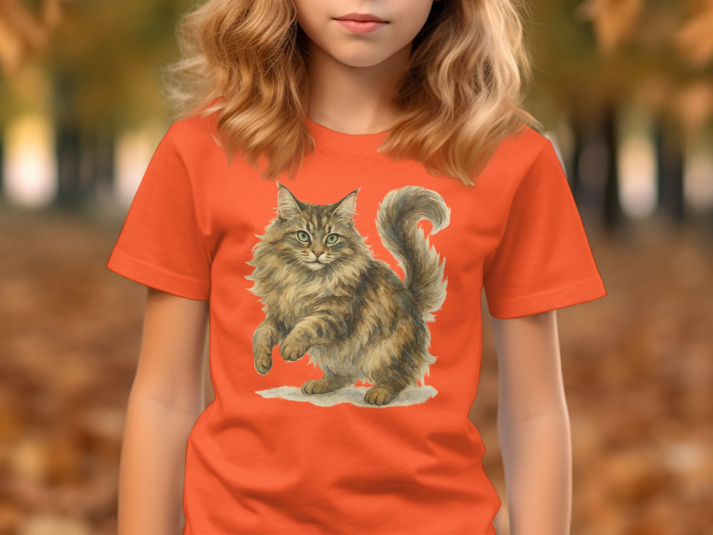 Fluffy Cat Artwork on Vibrant Orange T-Shirt product