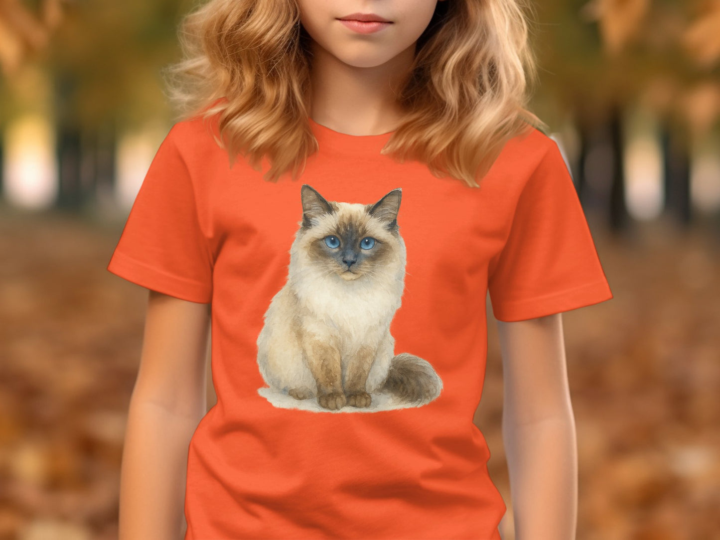 Cute Blue-Eyed Cat Printed Orange T-Shirt product type