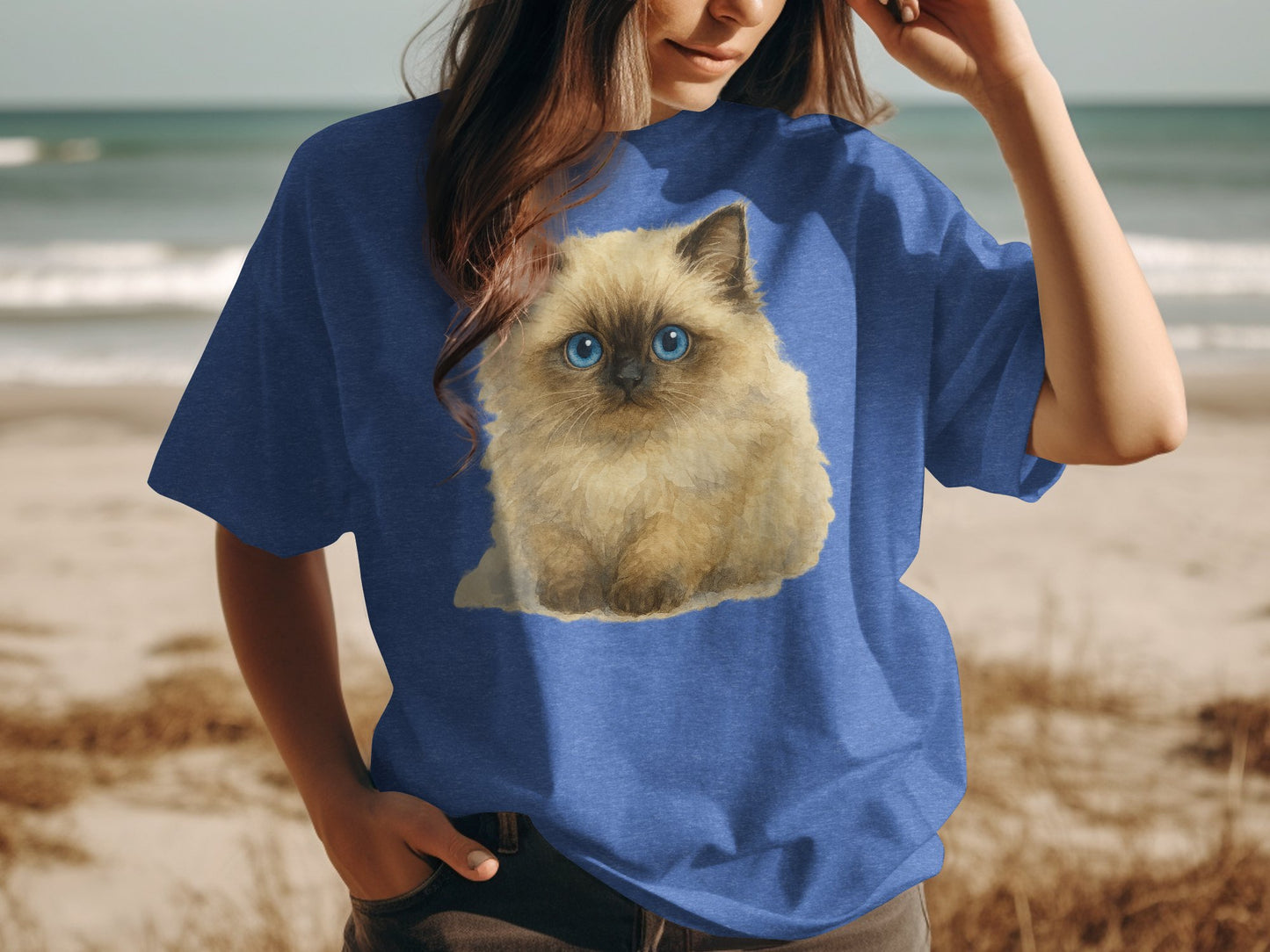 Cute Fluffy Kitten Illustration on Blue Graphic T-Shirt Product