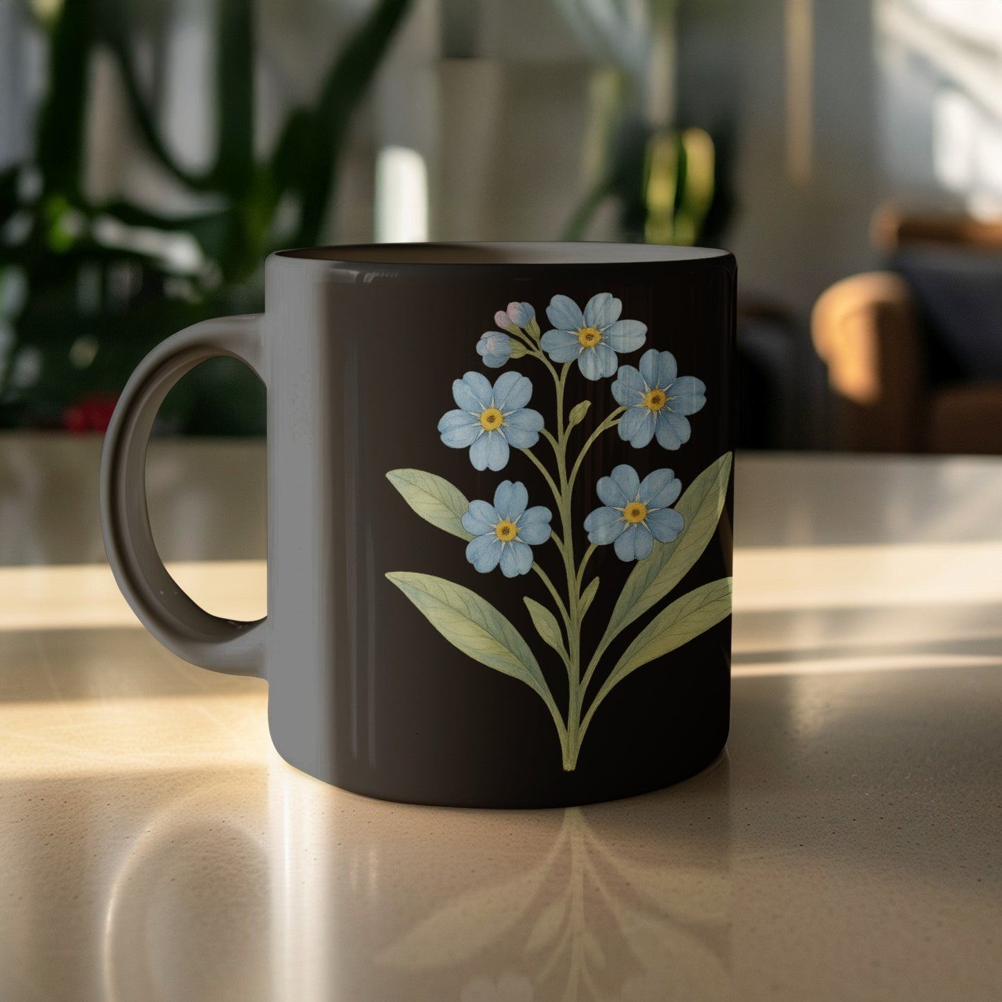 Floral Blue Flower Design Black Ceramic Mug product