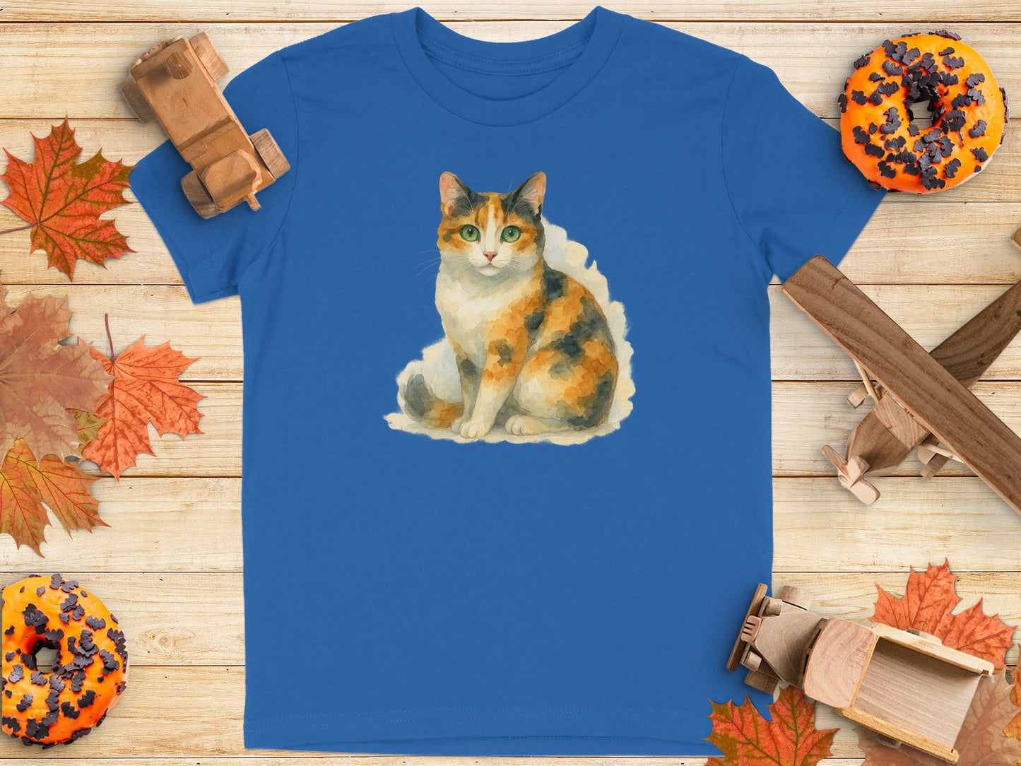 Calico Cat Graphic on Blue Background T-Shirt product