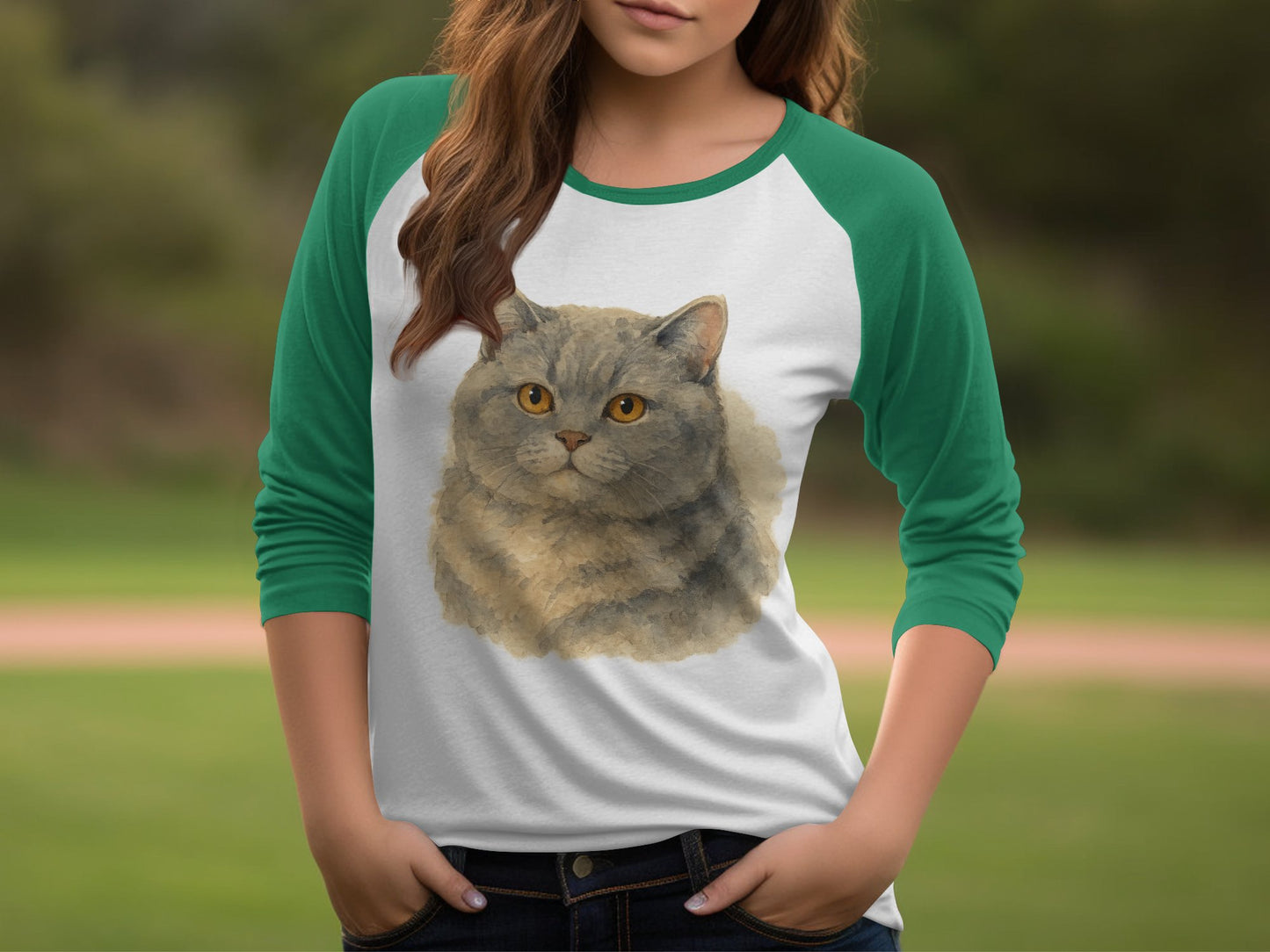 Green Sleeved Baseball Tee With Cat Print product type