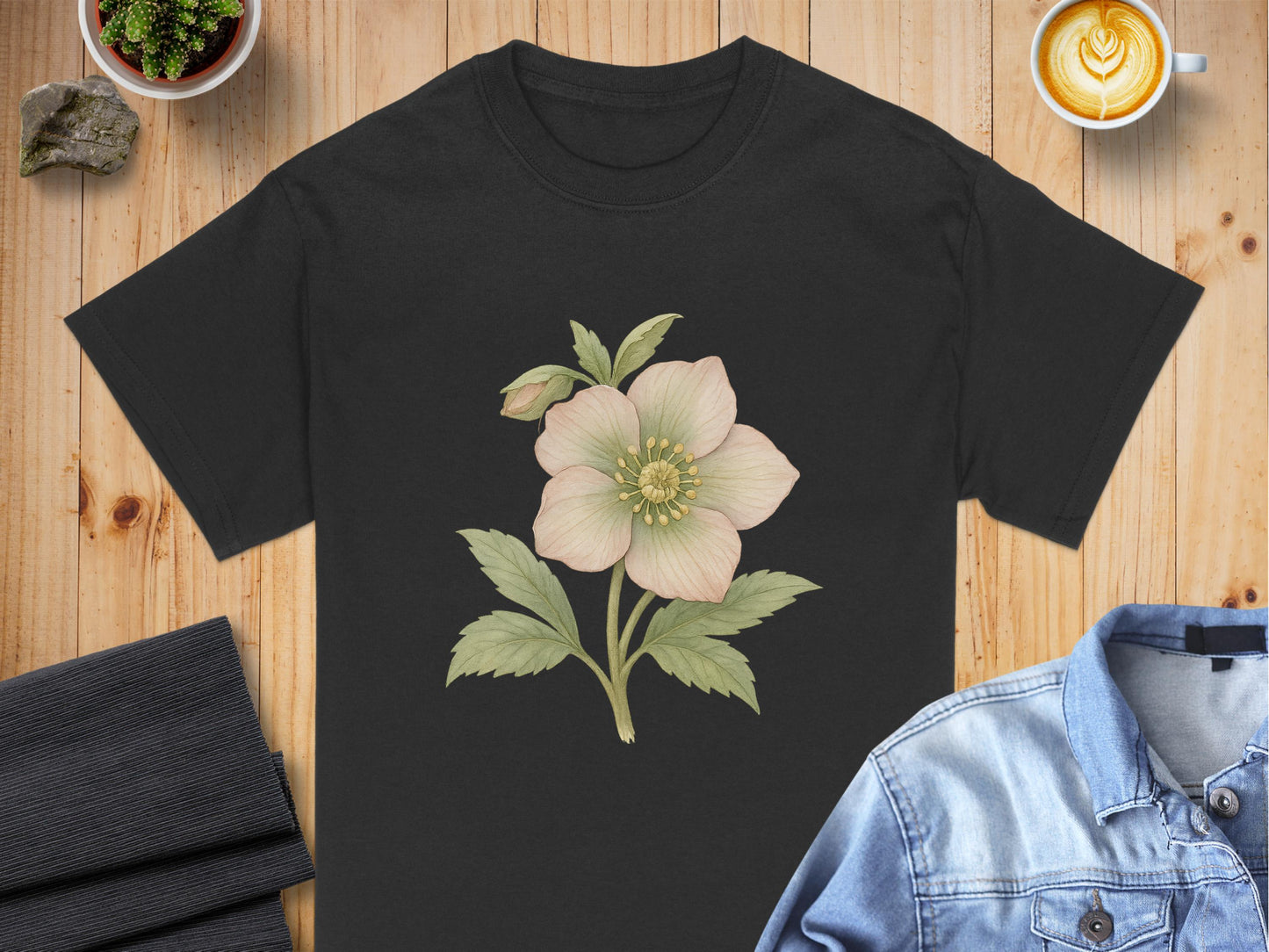 Botanical Flower Illustration Black T Shirt product