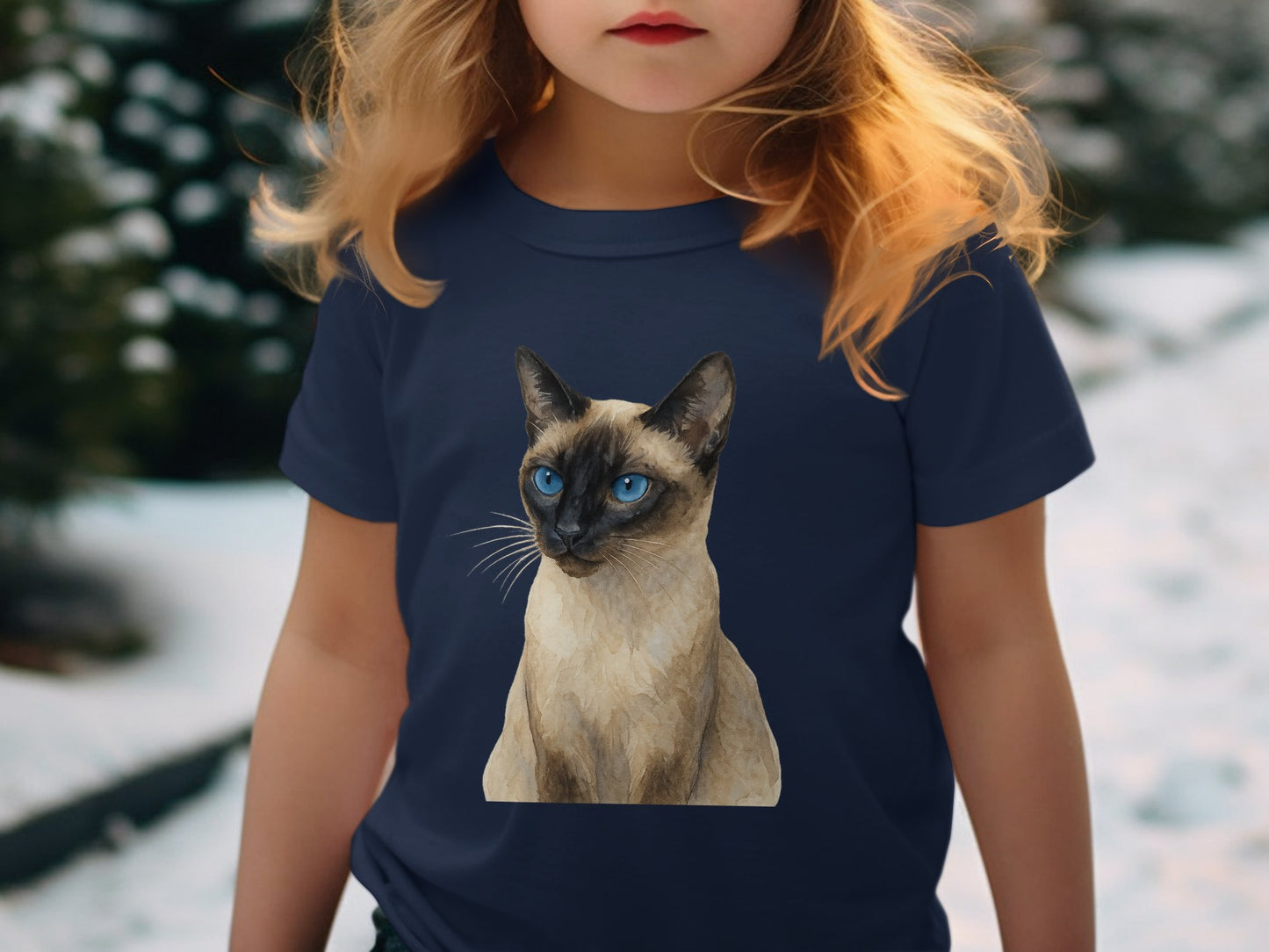Young Girl Wearing Blue Siamese Cat Print Product