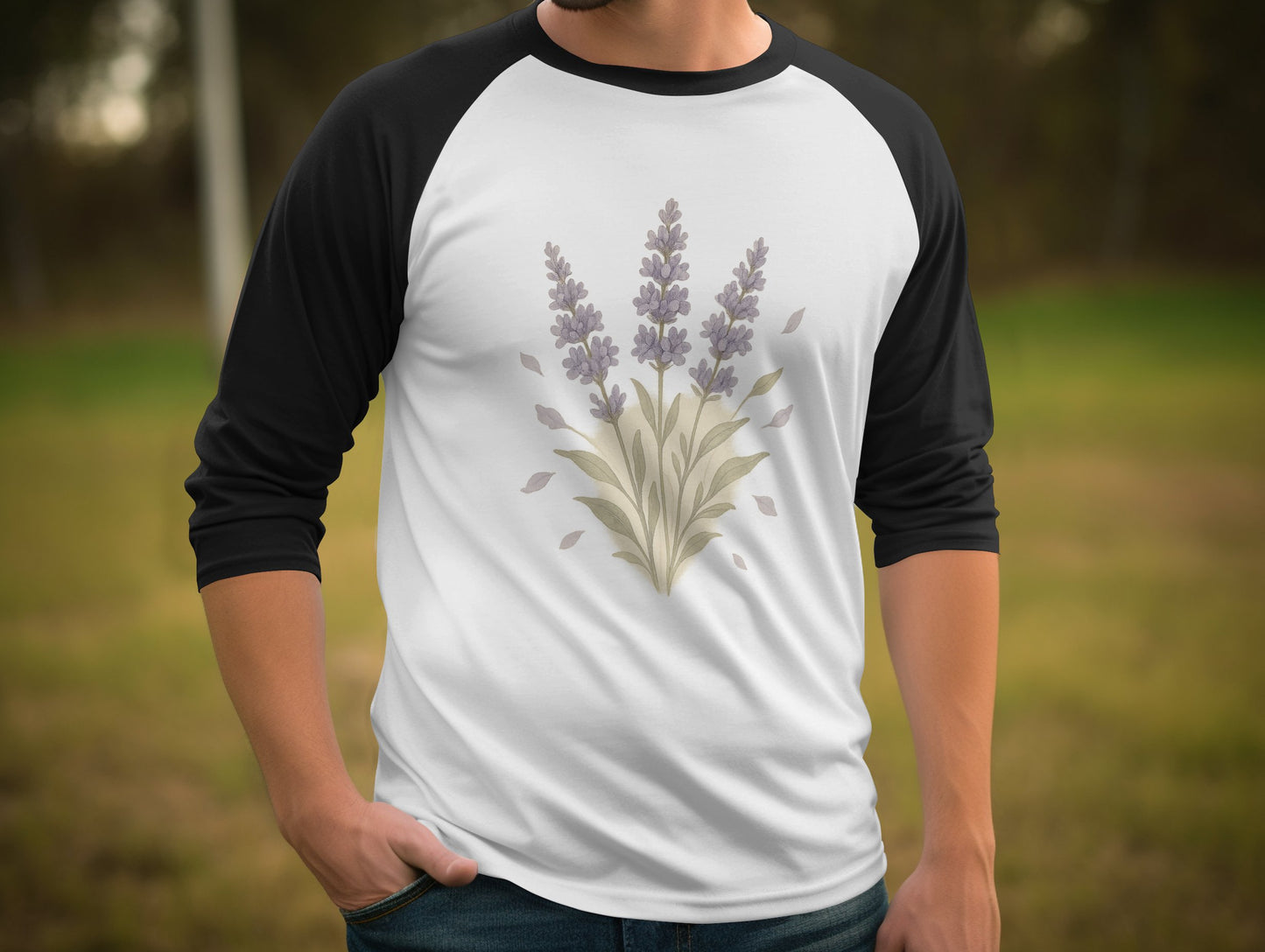 Lavender Floral Design on White and Black Raglan Shirt product type