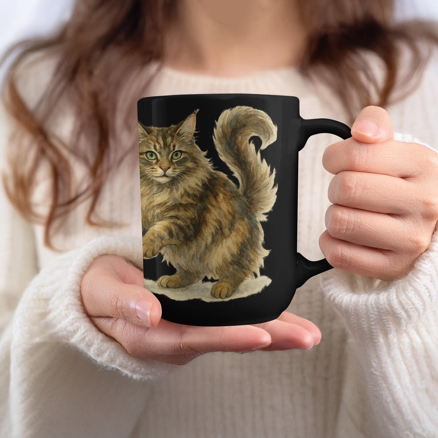 Fluffy Cat Design Black Coffee Mug Unique Gift Product