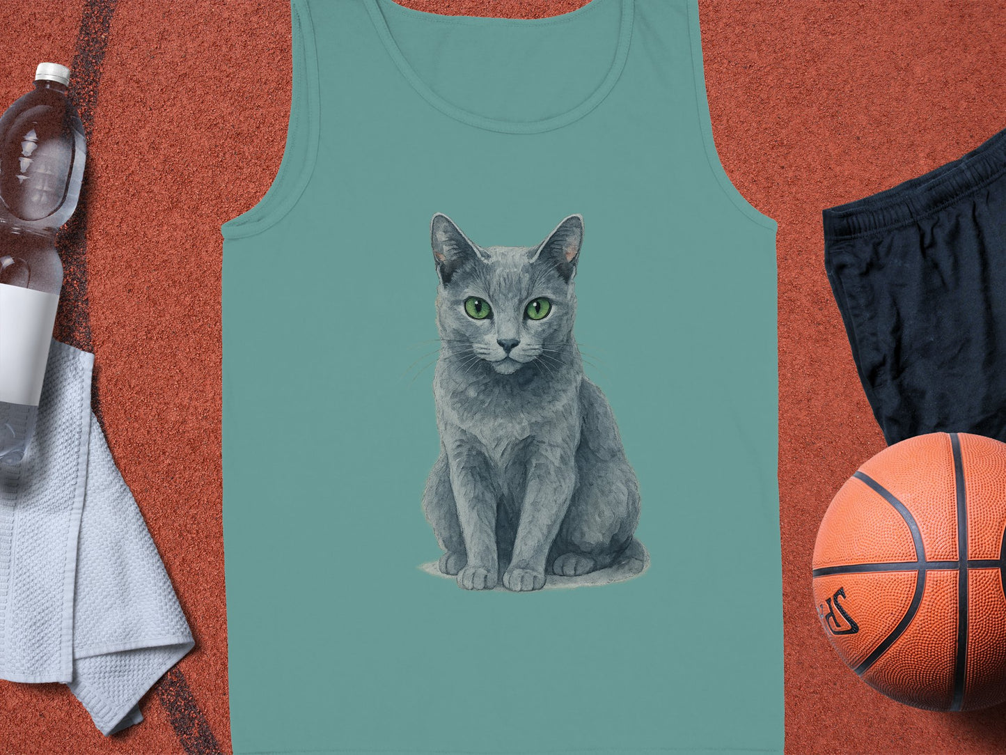 Cat Graphic Design on Teal Tank Top Clothing Product