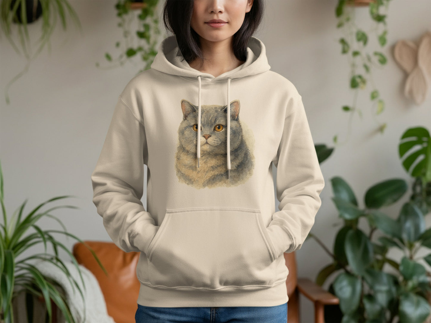 Adorable Cat Print on Beige Hoodie Cozy Apparel product