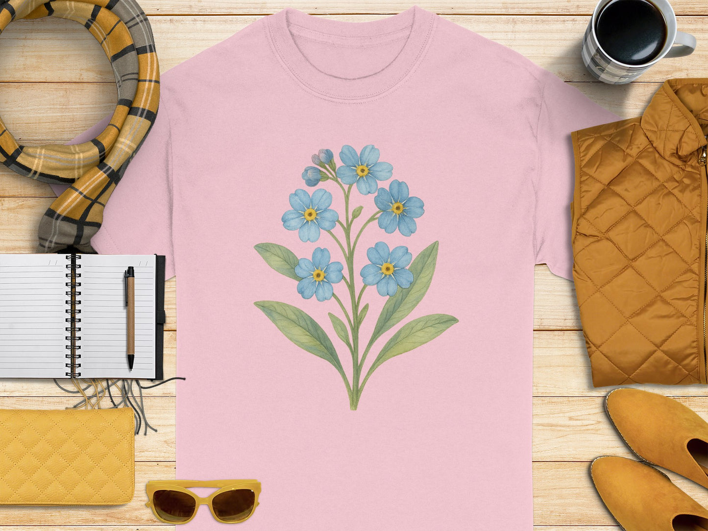 Blue Flower Design Pink T Shirt Casual Wear Graphic product type