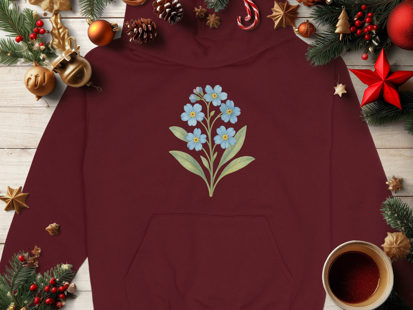 Festive Maroon Hoodie with Blue Flowers Design product type