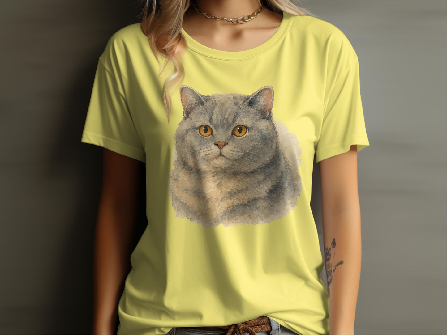 Cute Gray Cat Print on Light Yellow T-shirt product type