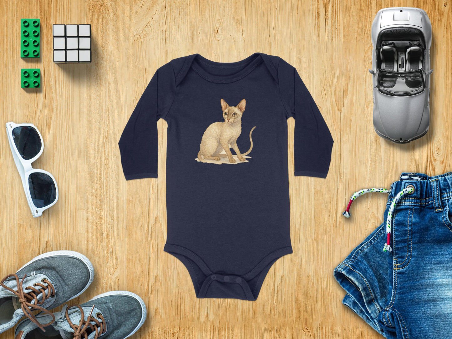Beige Cat Wearing Glasses Navy Blue Onesie product