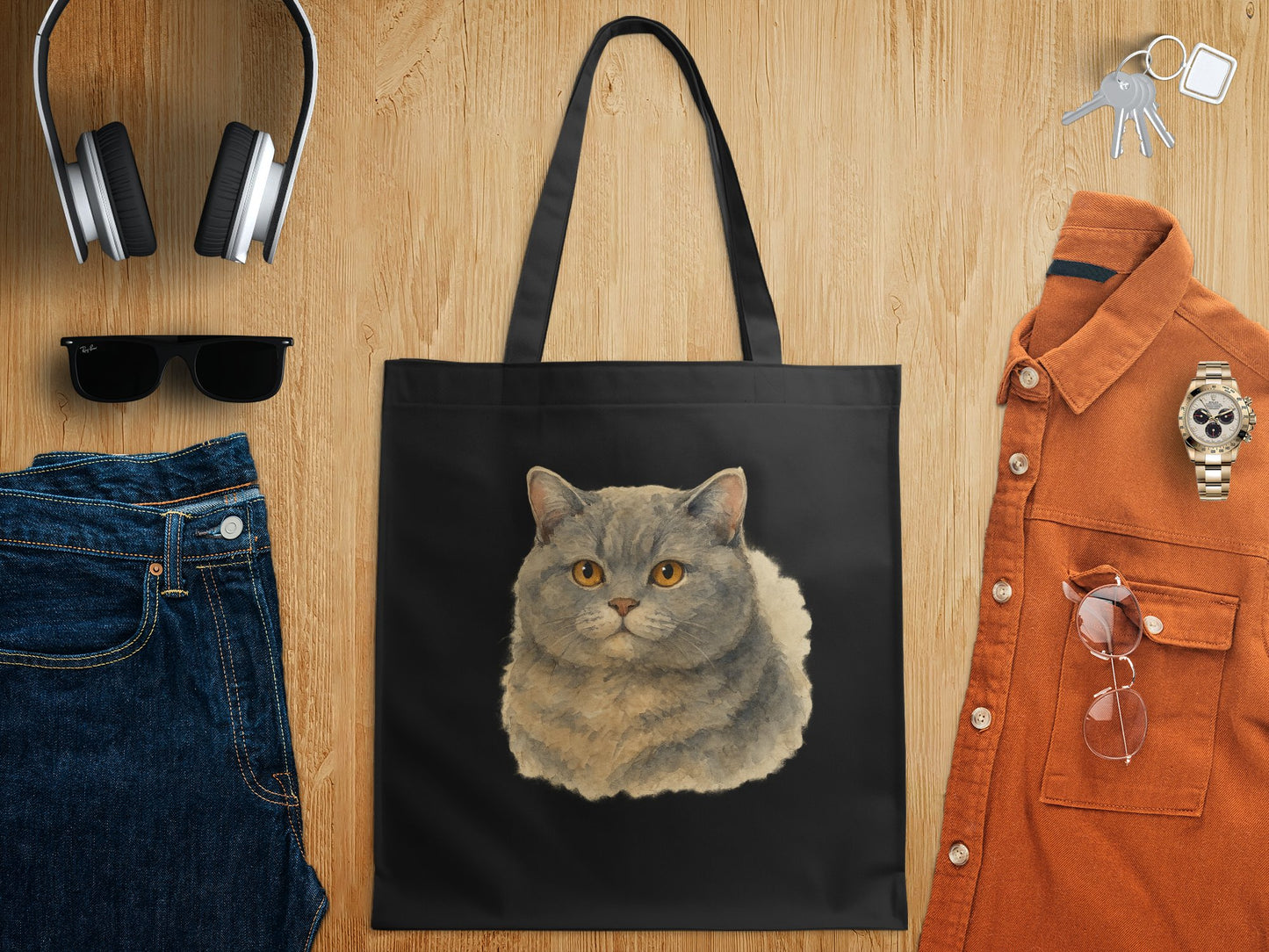 Gray Cat Illustration on Black Bag product type