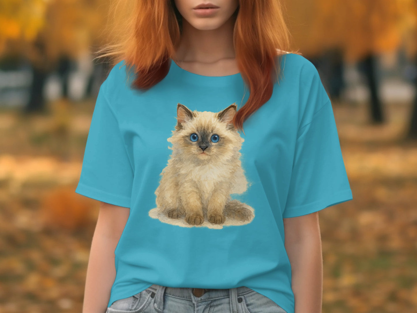 Cute Fluffy Kitten Print on Teal T-shirt product type
