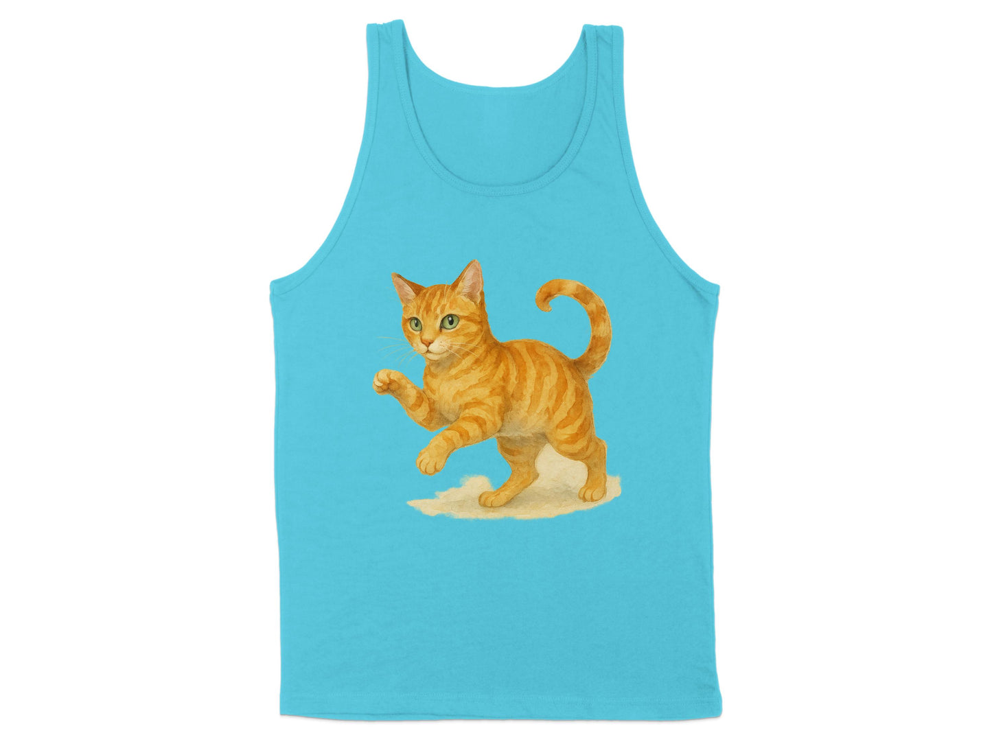 Playful Orange Cat Design on Blue Tank Top product type