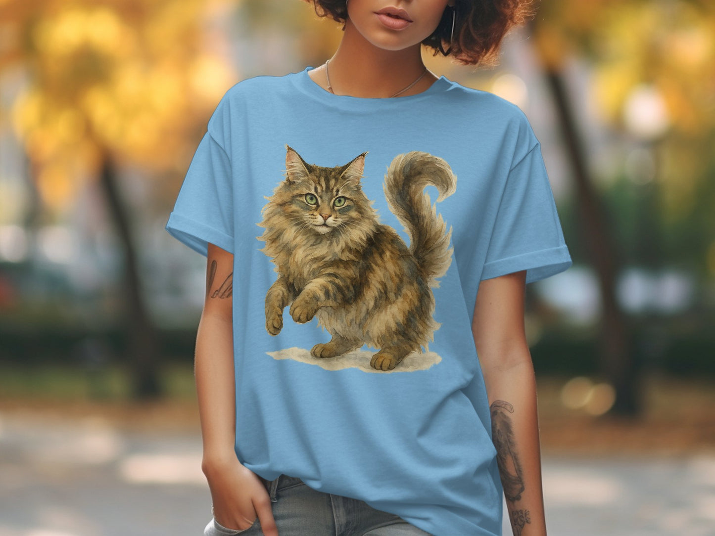 Fluffy Cat Graphic Printed Light Blue T-Shirt product