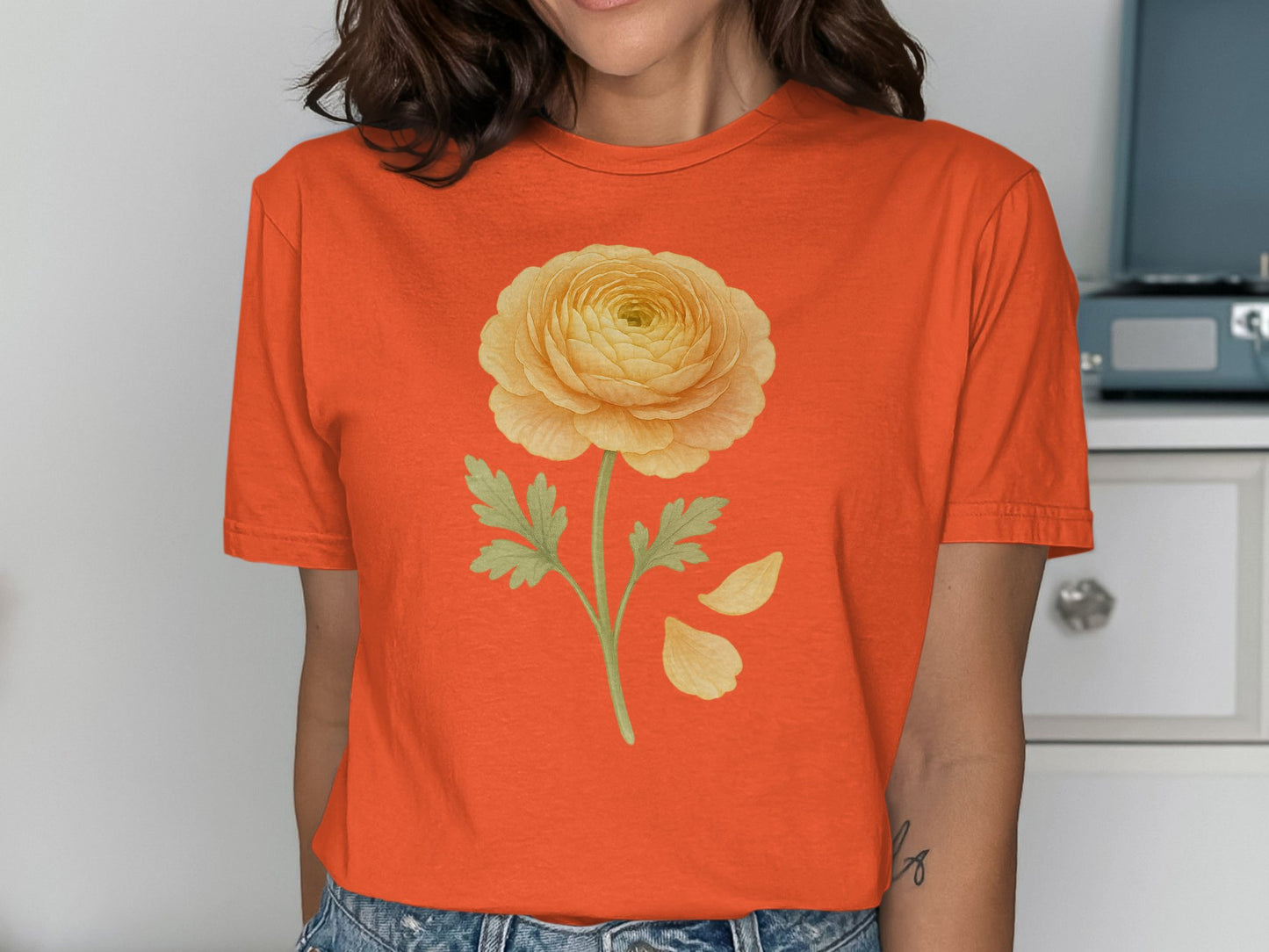 Vibrant Orange Tee with Yellow Flower Design Shirt Product