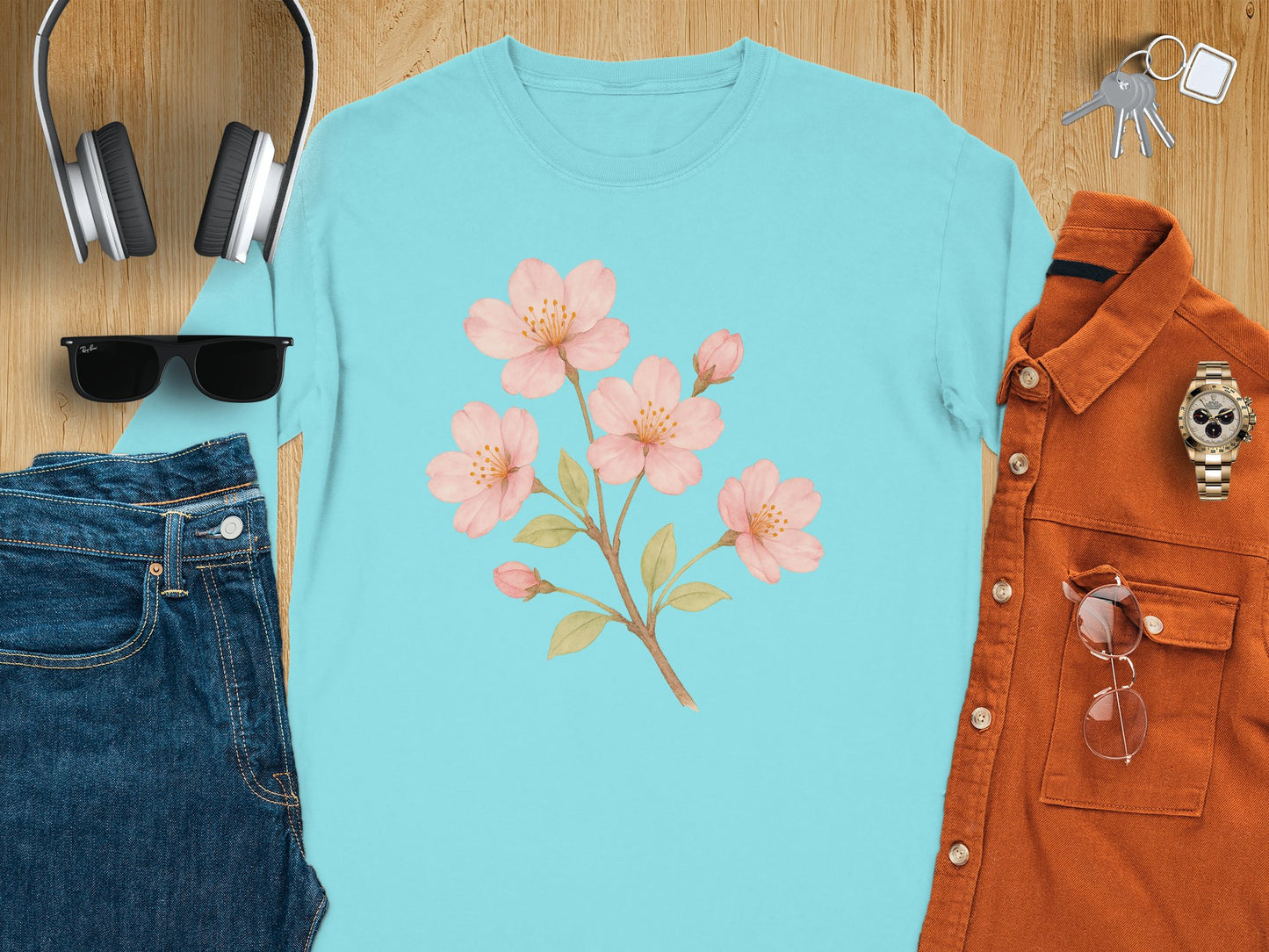 Blue T-Shirt with Beautiful Cherry Blossom Design product