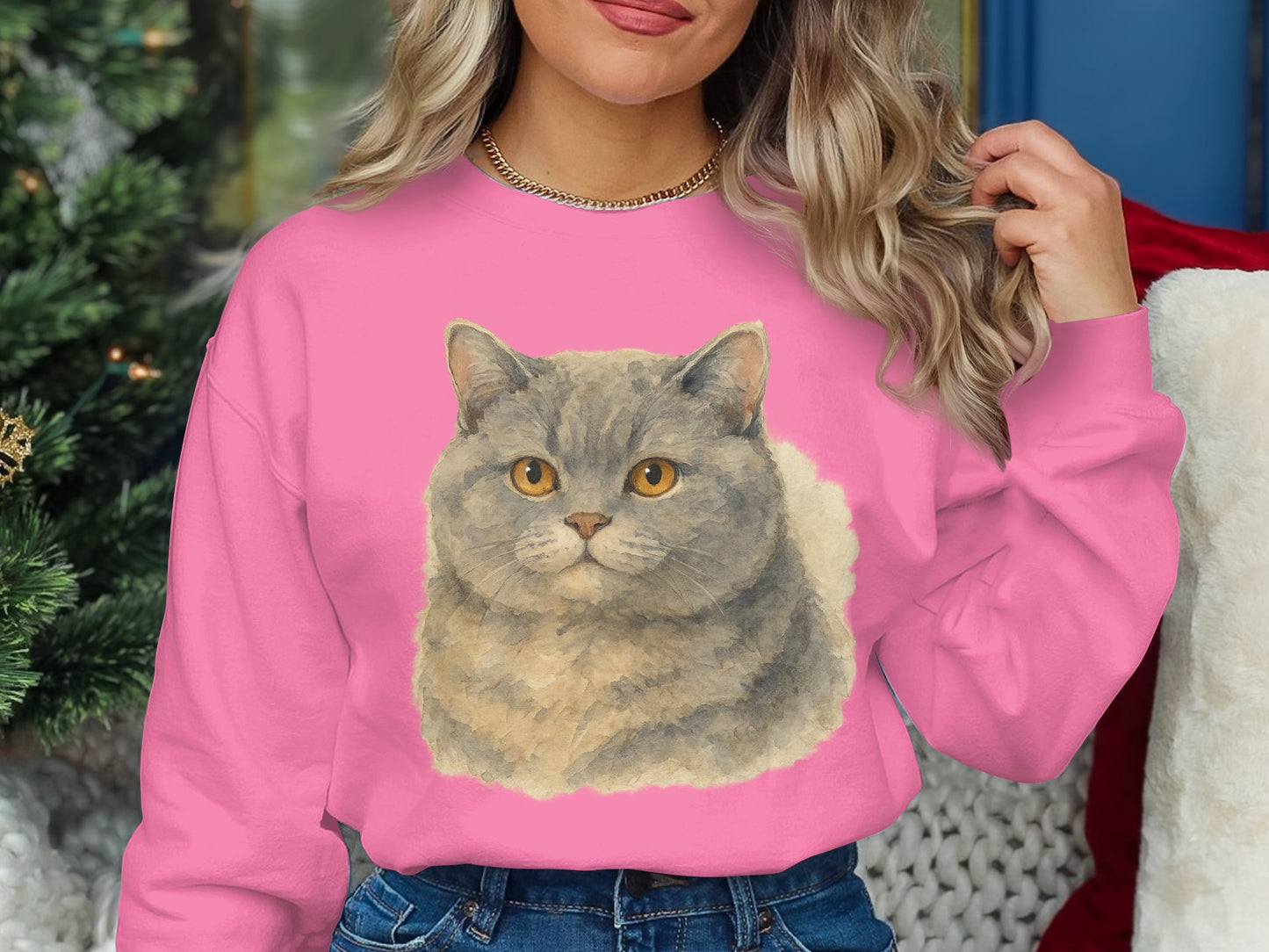 Cute Gray Cat Print on Pink Sweatshirt product