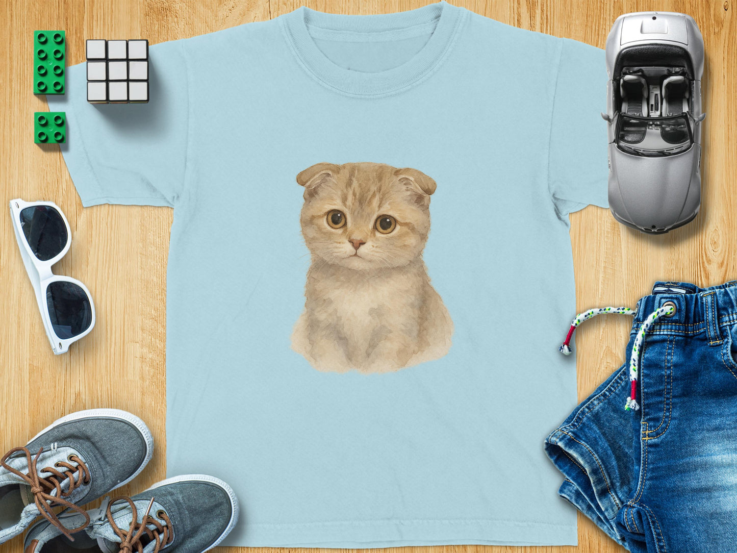 Cute Cat Illustration on Light Blue Shirt product type