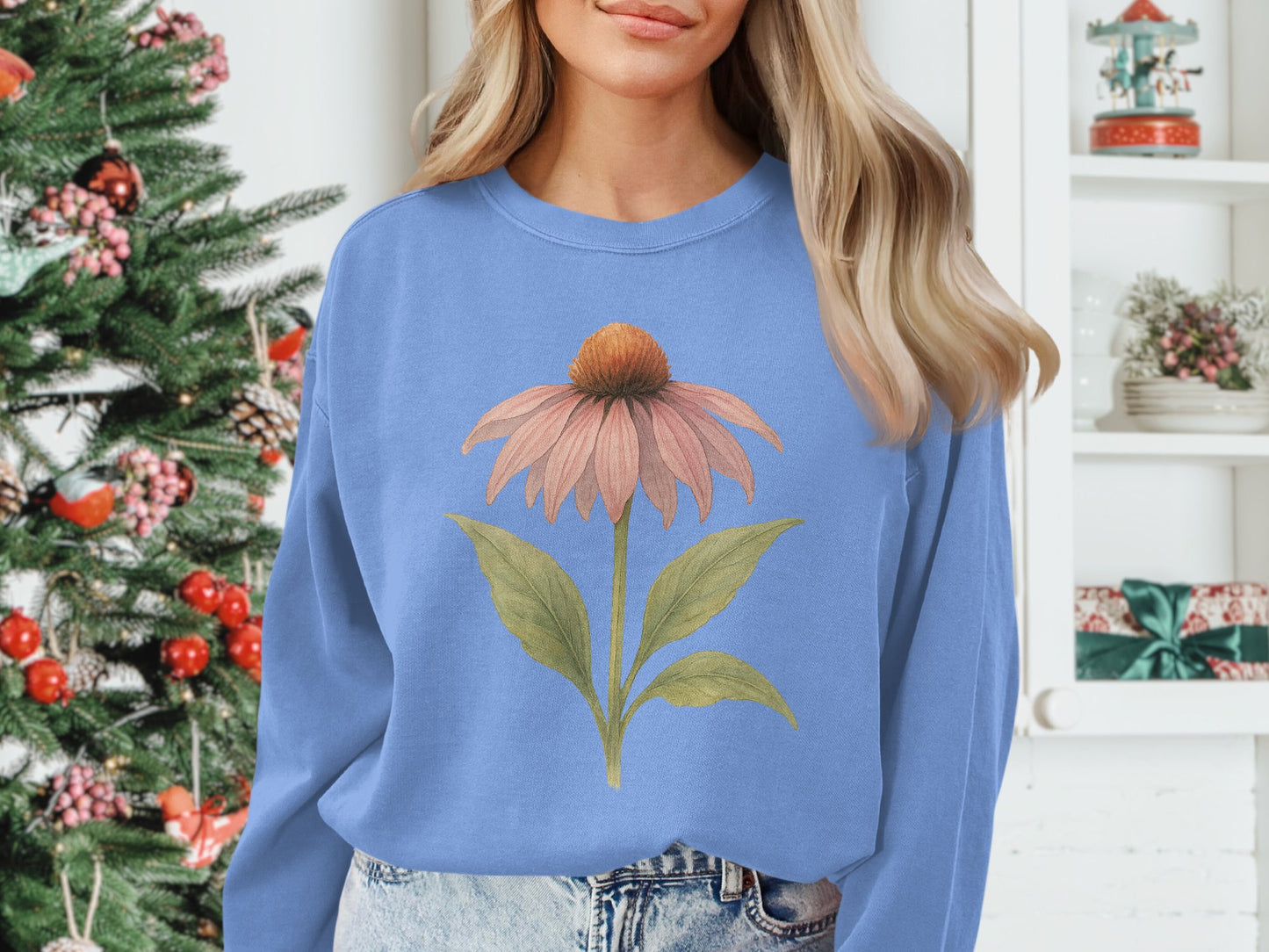 Beautiful Blue Sweatshirt With Pink Flower product type